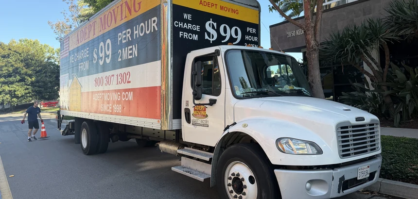 Adept Moving $99 branded truck, front three-quarter view, in Irvine, 92614