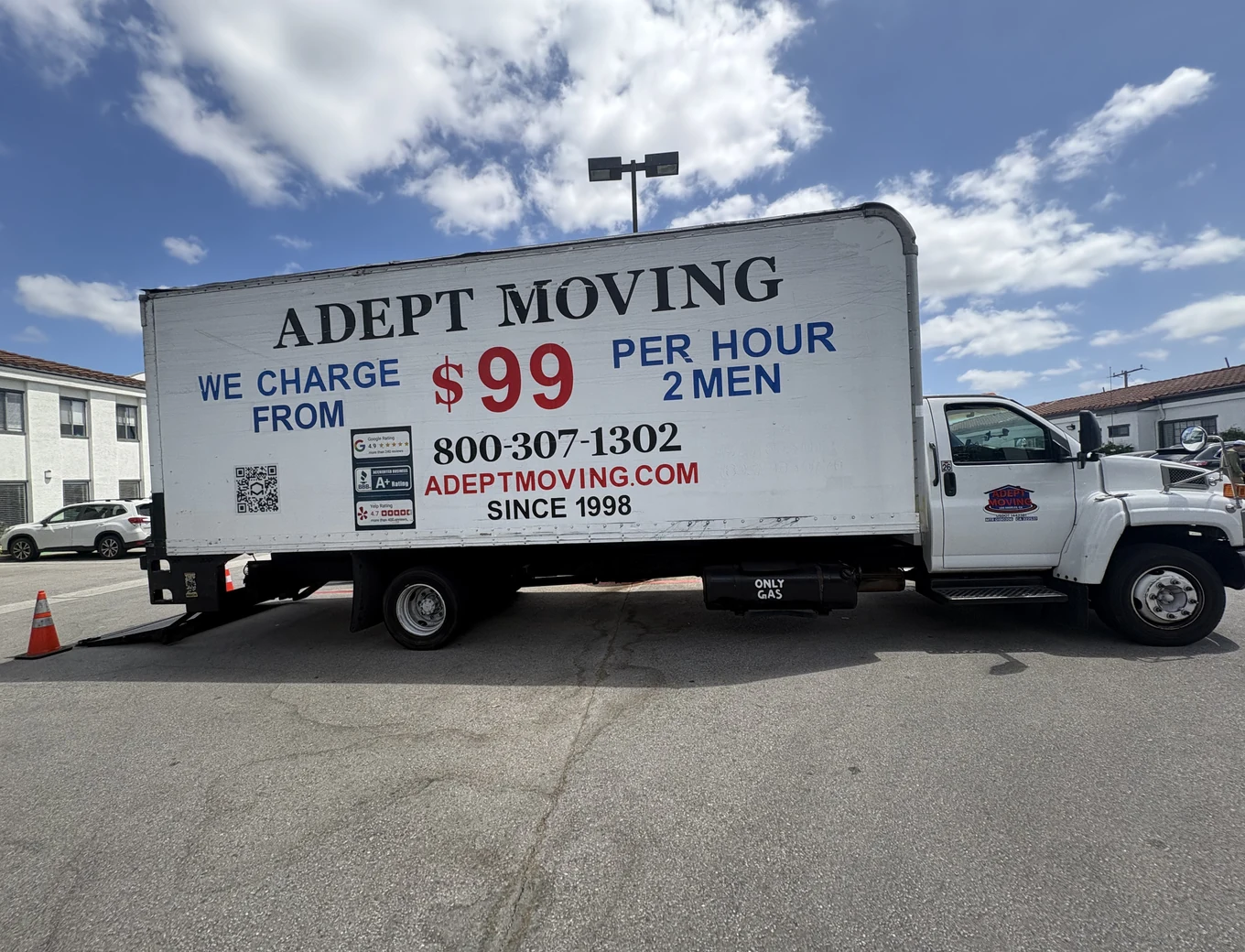 Adept Moving $99 branded box truck, side view, in La Habra, 90631