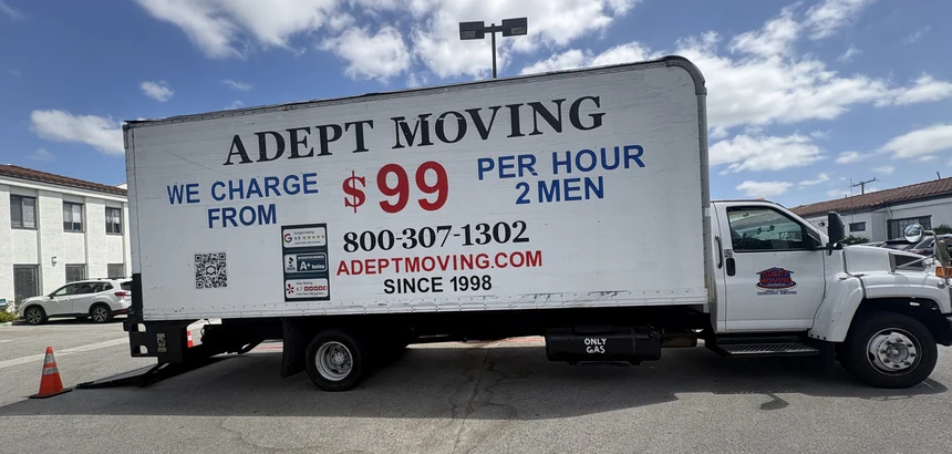 Adept Moving $99 branded box truck, side view, in La Habra, 90631