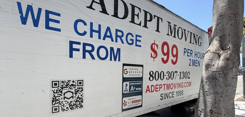 Adept Moving $99 branded box truck, close side view, in Los Angeles, 90025