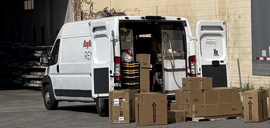 Adept moving van loaded with packed boxes at a job on Industry Avenue in Pico Rivera, 90660
