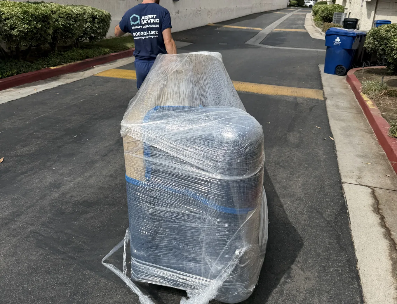 Wrapped furniture on the shared driveway of a townhome complex off Lindley Avenue in Tarzana