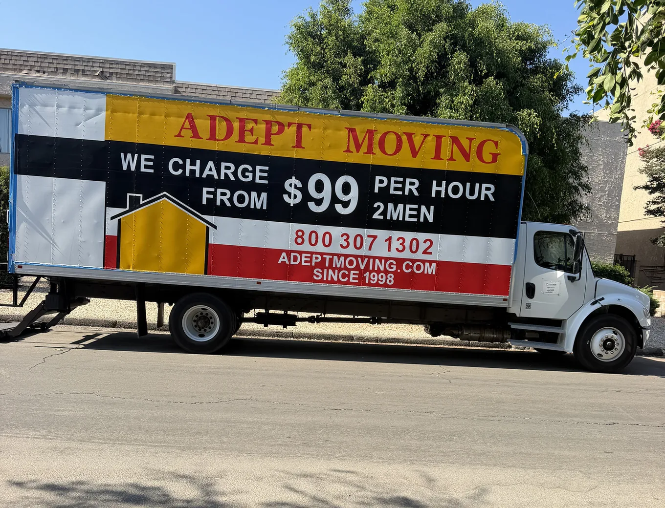 Adept Moving truck, from $99 per hour for 2 men, parked on Weddington Street in Valley Village, 91607