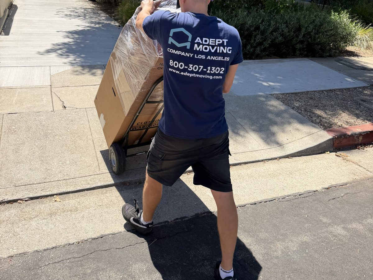 Adept Moving mover taking a wrapped carton from the street to the townhouse walkway