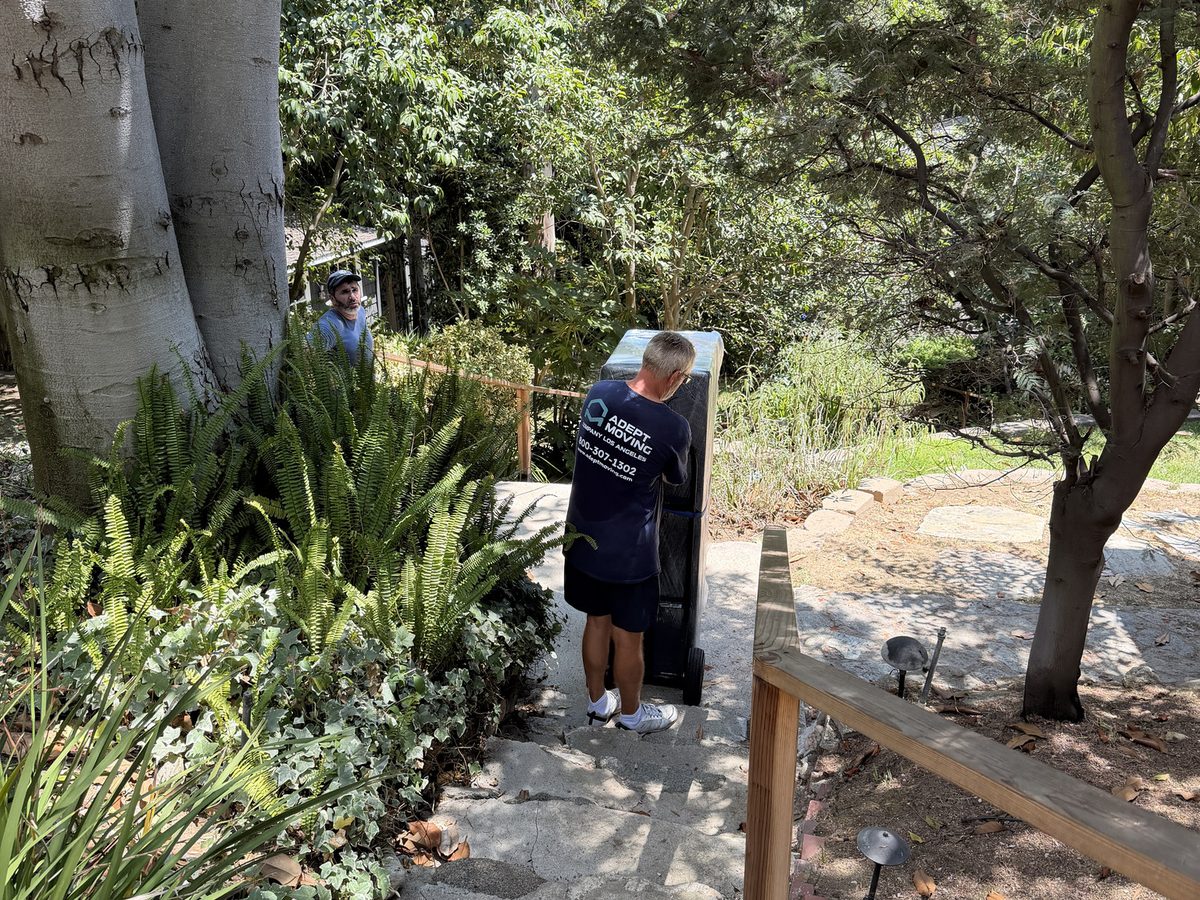 Adept Moving mover carrying a piece up the stone garden steps through the fern planting on Stanley Hills Drive