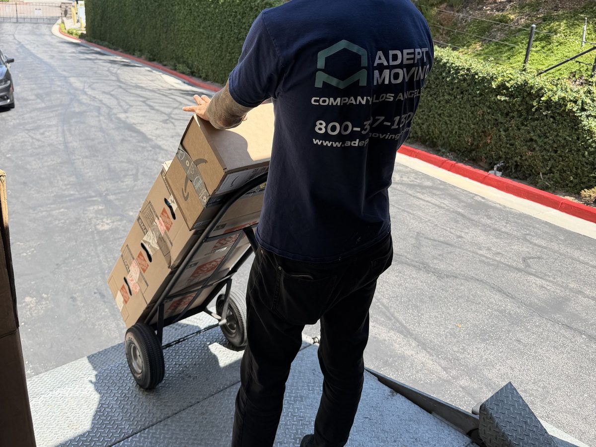 Adept Moving mover bringing boxes on a dolly up the truck liftgate