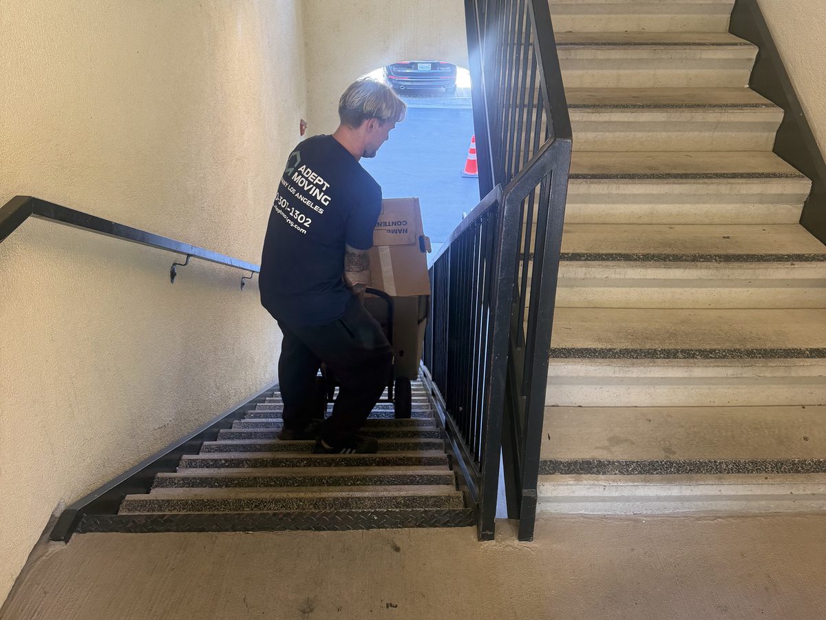 Adept Moving mover taking boxes down the townhome stairs on a dolly