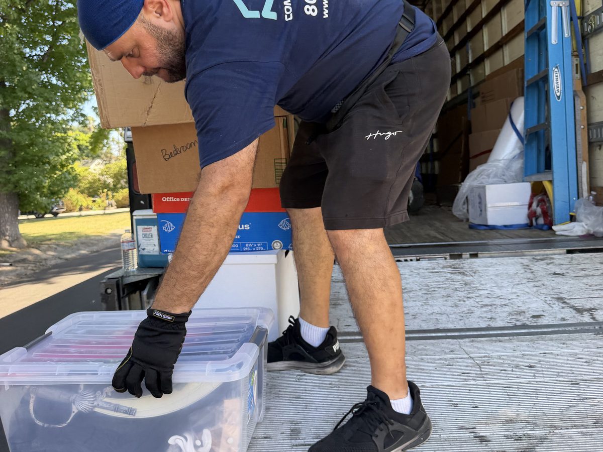 Adept Moving mover setting a plastic bin down inside the truck