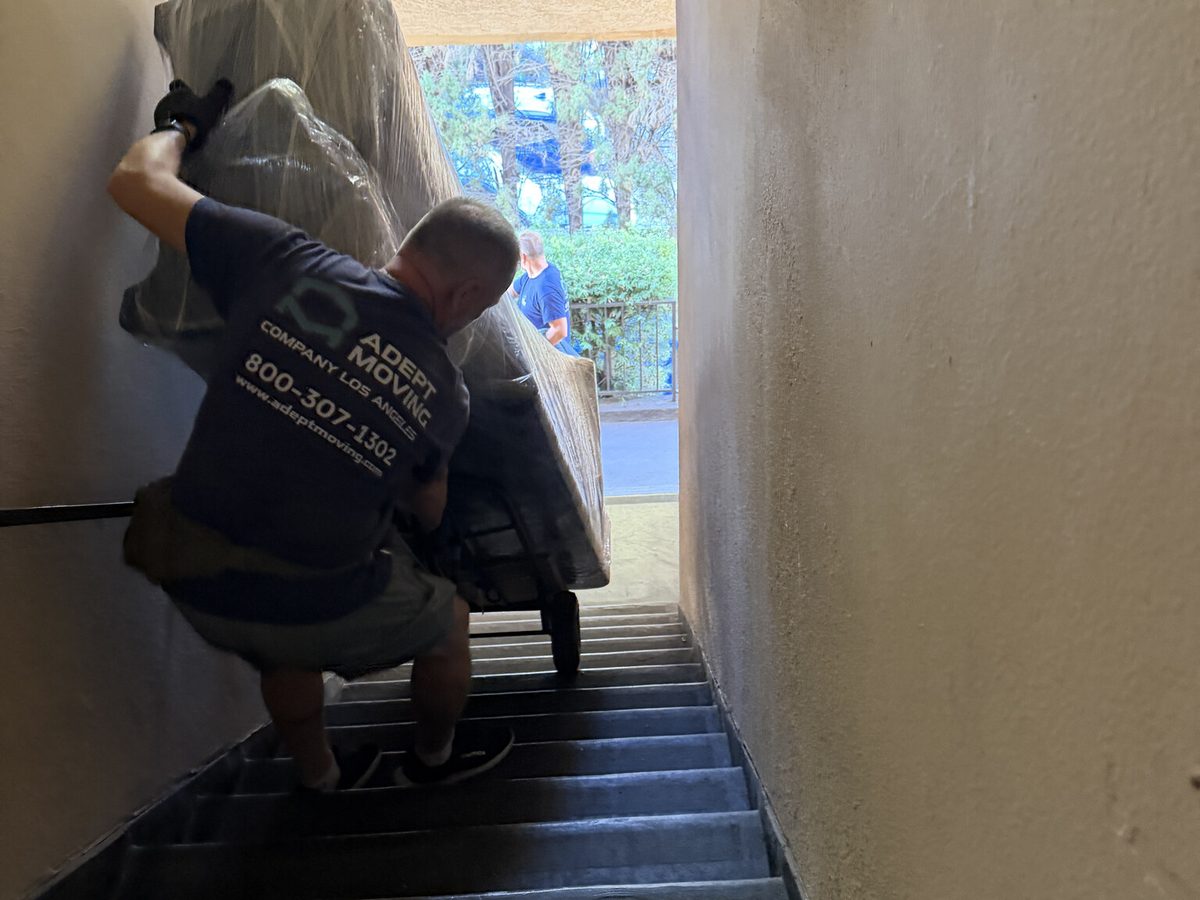 Adept Moving mover bringing a wrapped piece down the apartment building stairs